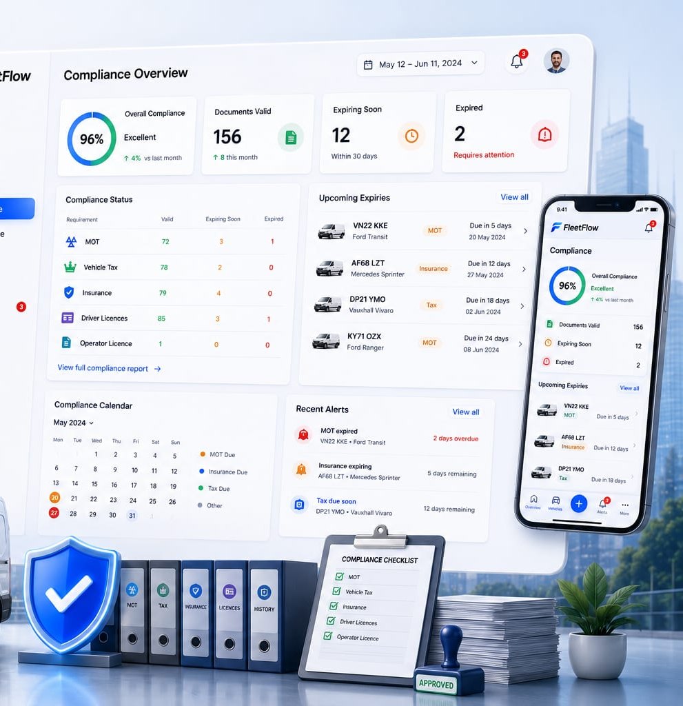FleetFlow compliance dashboard tracking MOT, tax and insurance renewals with a compliance score and upcoming-expiry alerts.