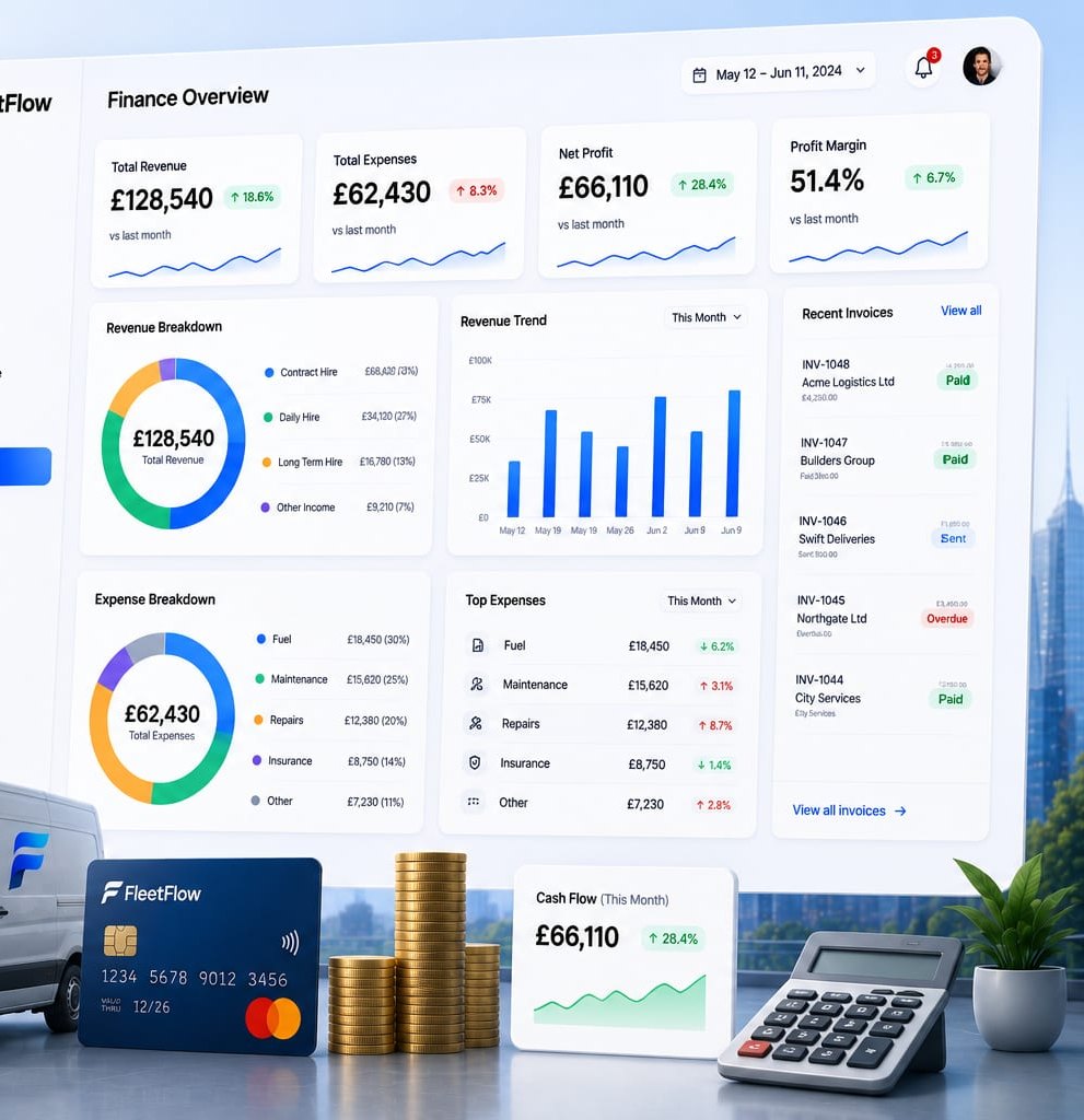 FleetFlow finance overview showing revenue, expenses and per-vehicle profitability with breakdown charts.