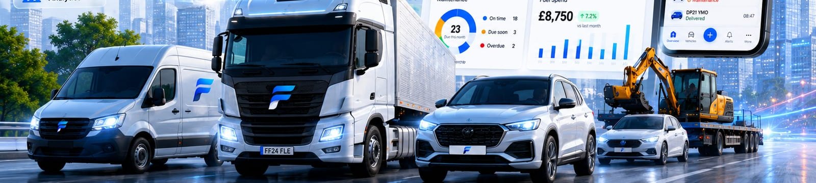 FleetFlow's mixed fleet — vans, trucks, cars and plant — alongside maintenance, fuel-cost and activity views.