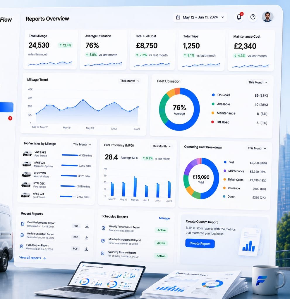 FleetFlow analytics and reports dashboard with utilisation, mileage and revenue charts ready to export.