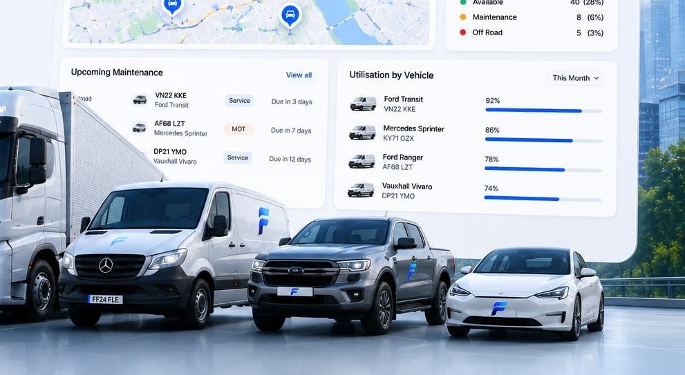 FleetFlow vehicles view showing upcoming maintenance and per-vehicle utilisation, with a fleet line-up.